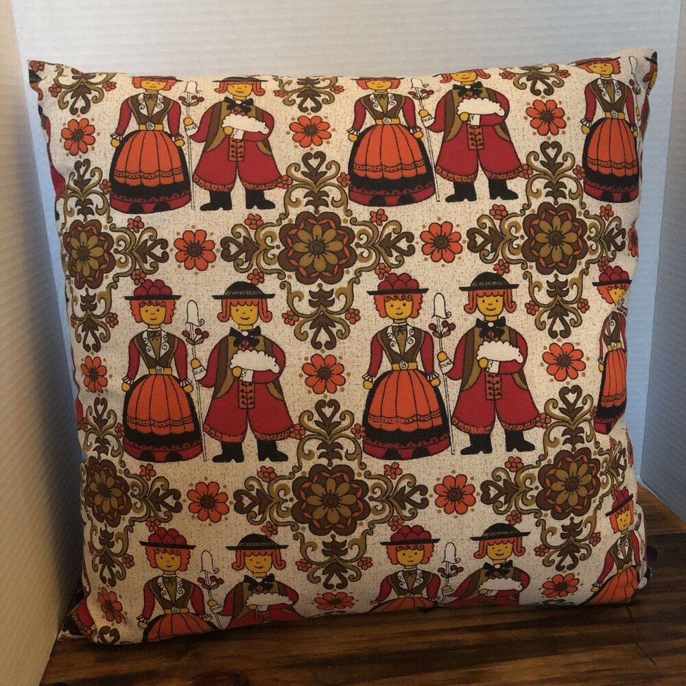 Vintage German Cotton Fabric 16x16 Decorative Pillow Folk Art Couple 70's colors